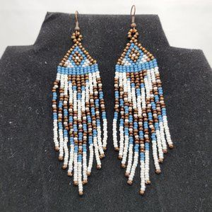 NWOT White and Blue Beaded Fringe Earrings